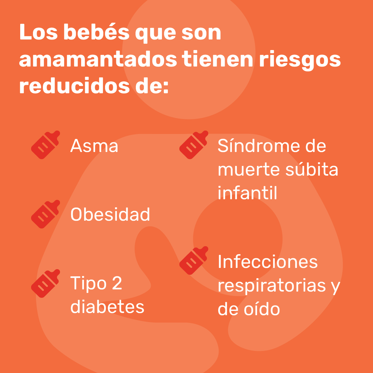 Lactantes alimentados con leche materna Los lactantes alimentados con leche materna tienen menos riesgo de: Asma, Obesidad, Diabetes tipo 2, Síndrome de muerte súbita del lactante, Infecciones de oído y respiratorias.