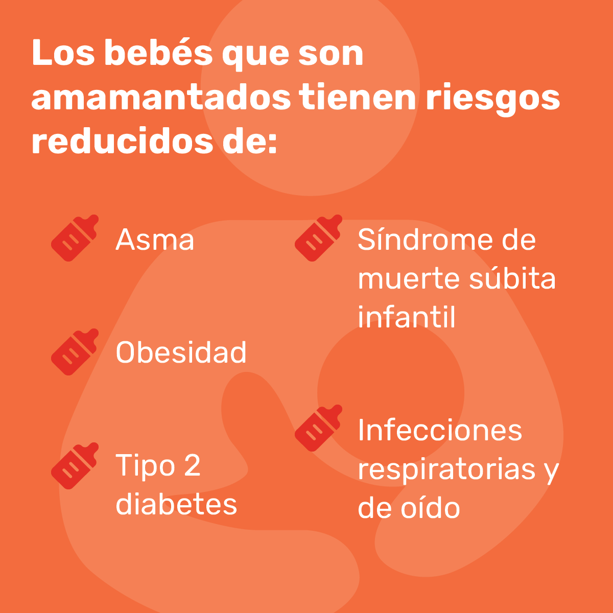 Los lactantes alimentados con leche materna tienen menos riesgo de: Asma, Obesidad, Diabetes tipo 2, Síndrome de muerte súbita del lactante, Infecciones de oído y respiratorias.