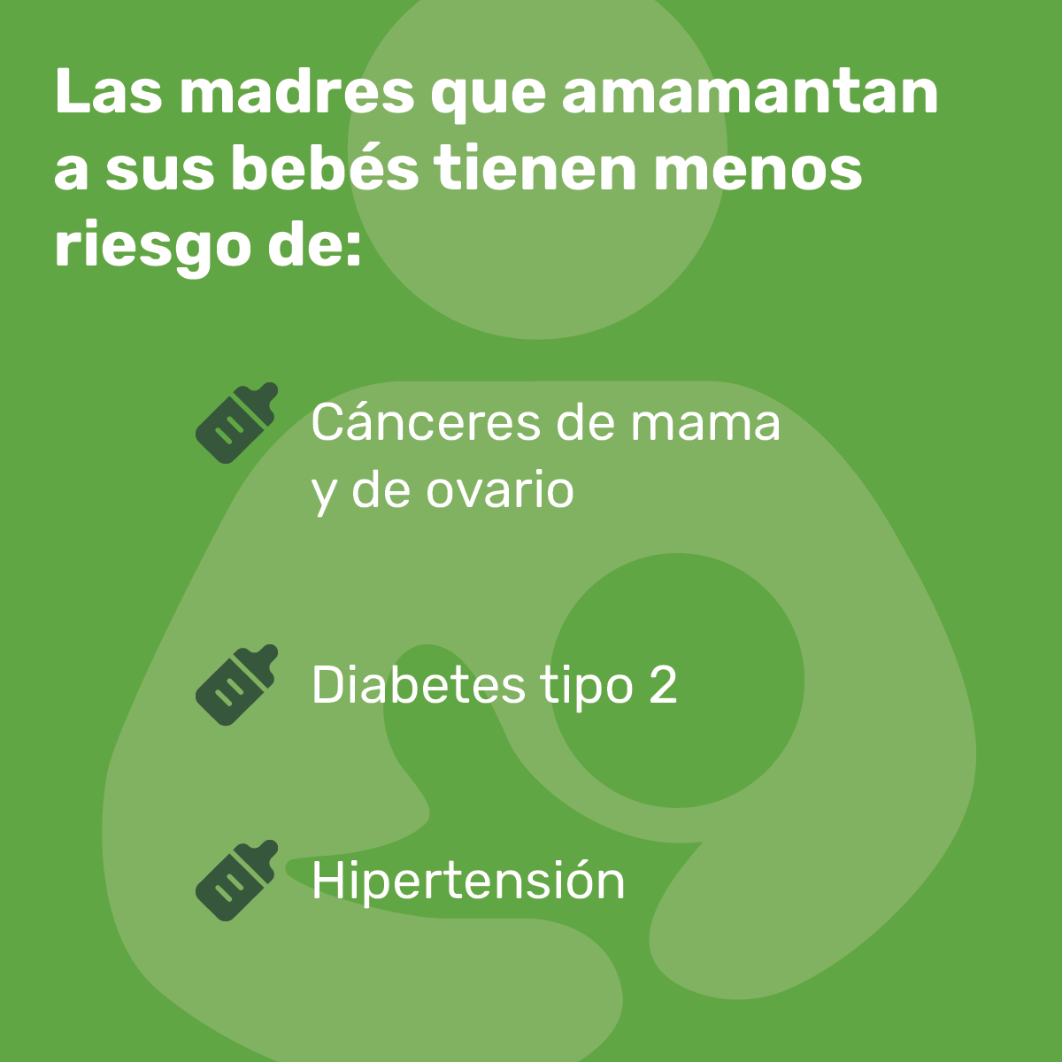 Madres que dan el pecho Las madres que amamantan a sus bebés tienen menos riesgo de: Cáncer de mama y ovario Diabetes de tipo 2 Hipertensión arterial