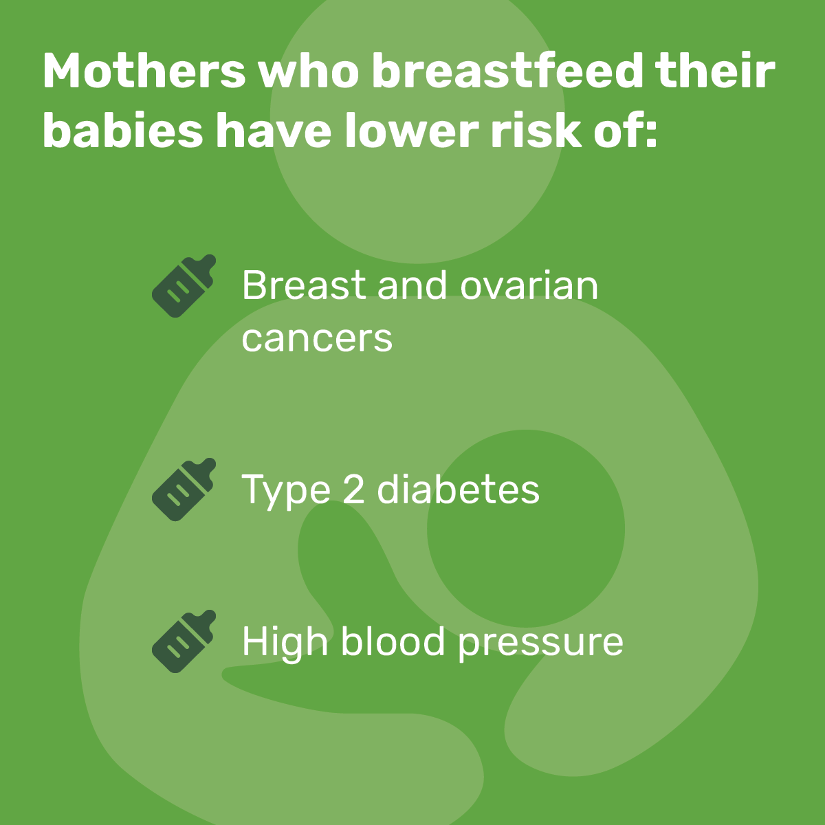 Mothers who breastfeed their babies have lower risk of: Breast and ovarian cancers Type 2 diabetes High blood pressure